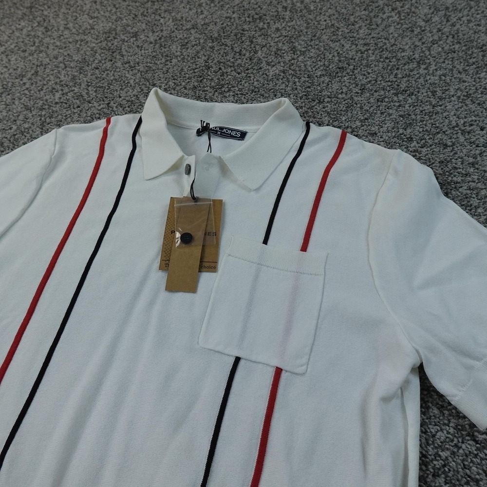 NEW PAUL JONES Polo Shirt Mens M White Striped Short Sleeve Knit Casual Golf Top